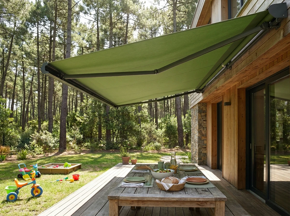 Fern-green folding-arm awning extended over a family deck in Tokai with an outdoor lunch table set, pine forest canopy behind the garden